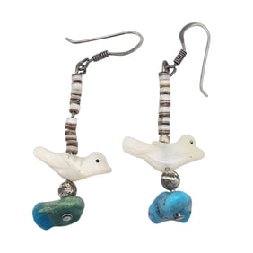 Navajo Heshi Turquoise and Mother of Pearl Bird Fetish Sterling Earrings