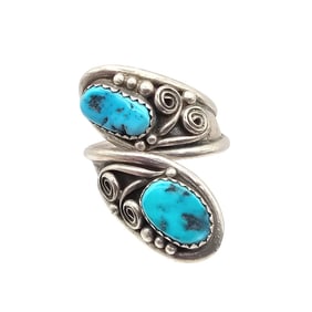 Signed Native Sterling Wrap Ring With Turquoise Stones, Size 8.25
