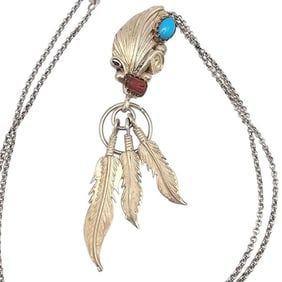 Running Bear Turquoise, Coral, and Sterling Feather Necklace