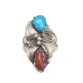 Navajo Sterling Coral and Turquoise Ring – Size 7