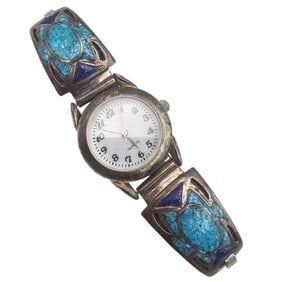 Sterling Watch with Turquoise and Lapis Inlay by Kay Johnson