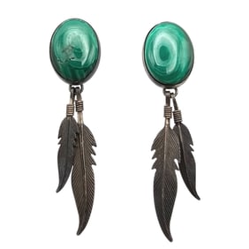 Navajo Malachite and Sterling Feather Drop Earrings