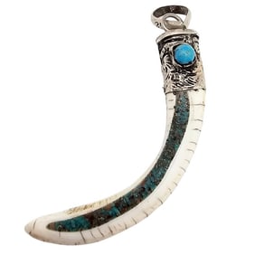 Native Sterling Bone and Turquoise Pendant, 5.9g