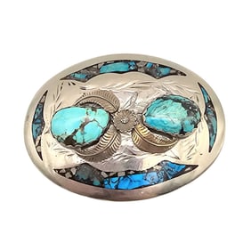 Southwestern Nickel Silver Belt Buckle with Turquoise Inlays