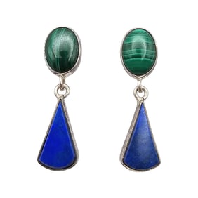 Mexican Sterling Earrings with Malachite and Lapis Lazuli Gemstones