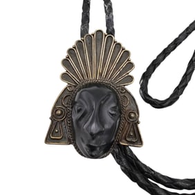 Sterling and Onyx Carved Face Mask Bolo Tie Signed B. Cayres