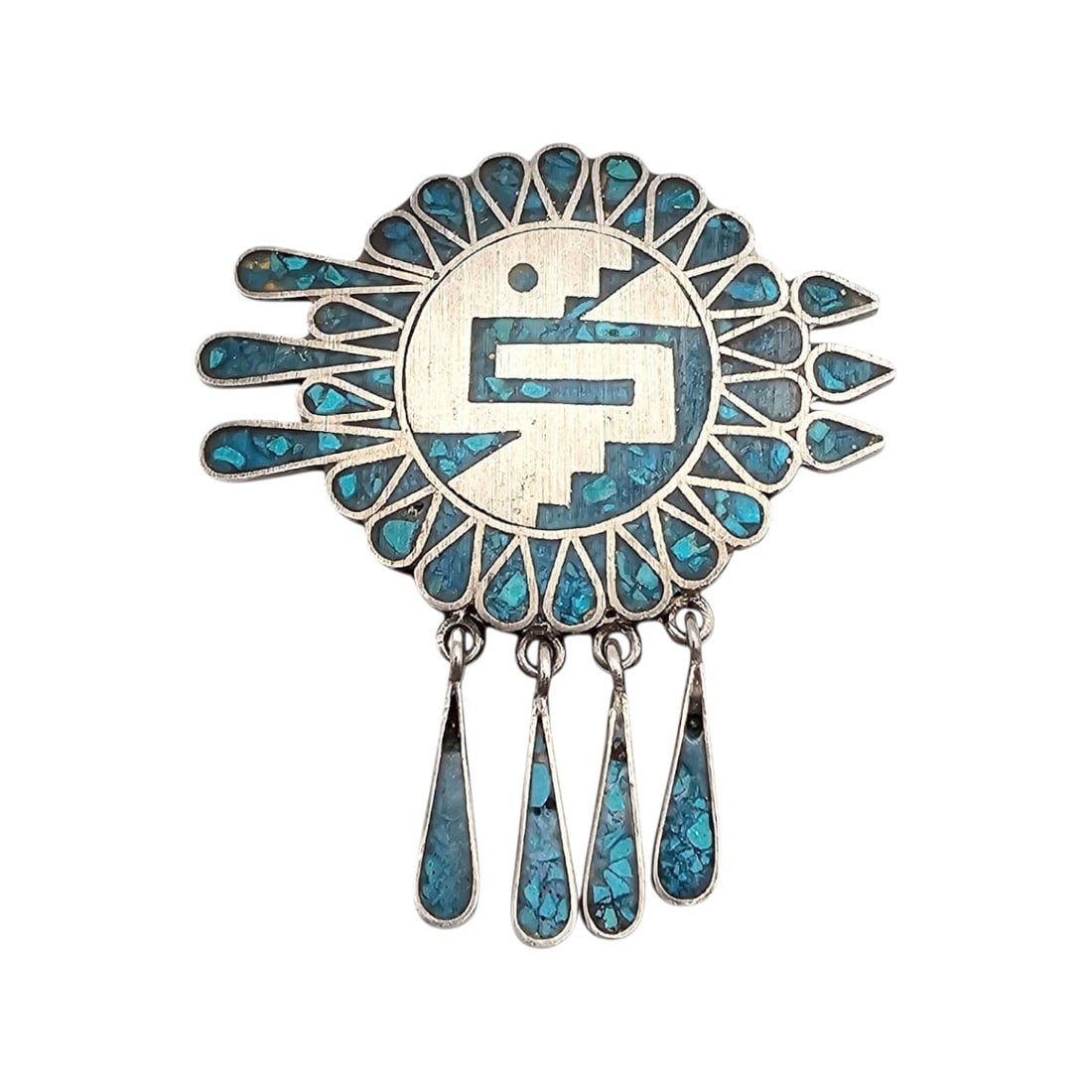 Mexican Sterling Aztec-Style Brooch with Turquoise Inlay (1 of 5)