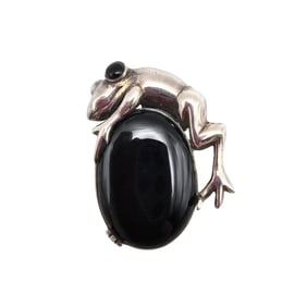 Sterling Black Onyx Frog Brooch, 11.8g