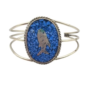 Mexico Alpaca Silver Inlaid Sodalite Cuff Bracelet with Inlaid Sodalite and Fish Design