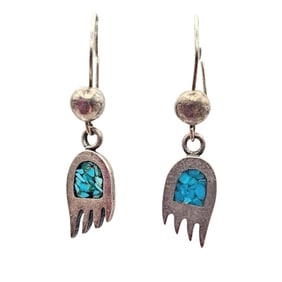 Sterling Bear Paw Earrings Inlaid with Crushed Turquoise