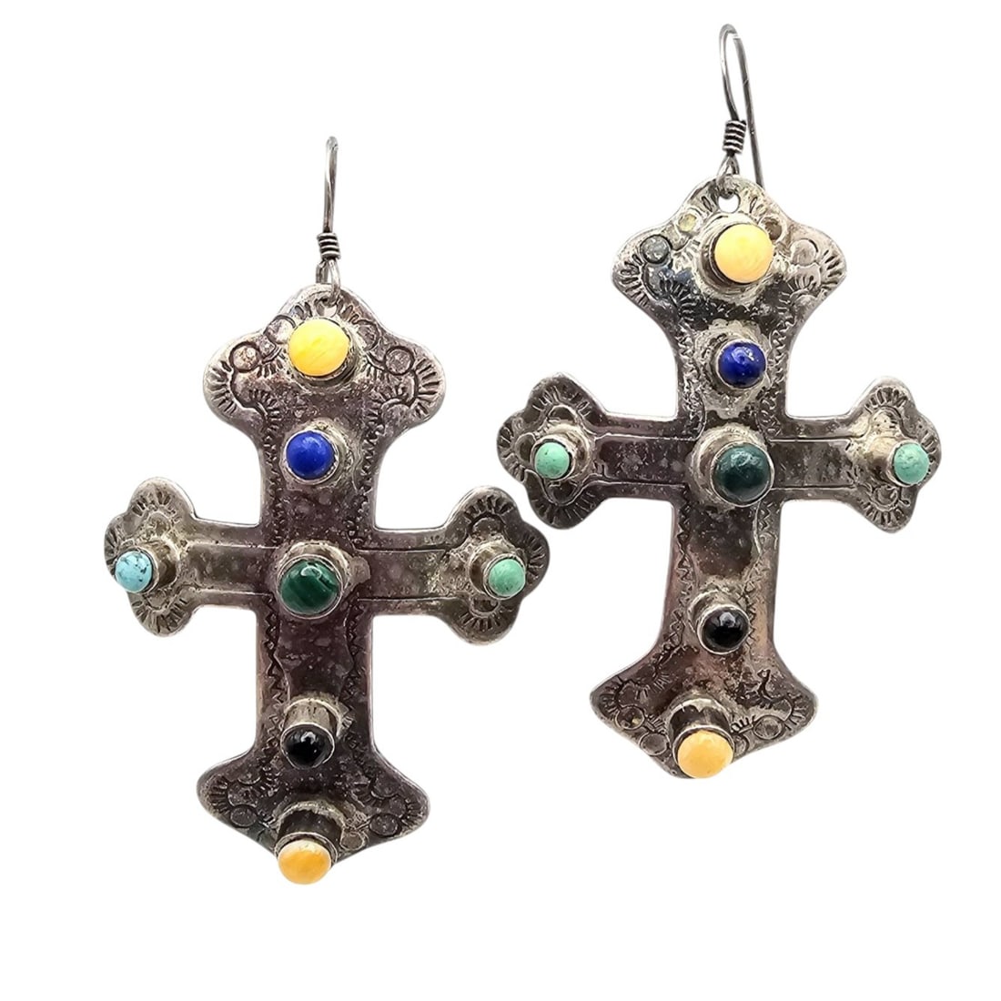 Multi-Stone Sterling Cross Earrings: Handcrafted sterling silver cross earrings featuring multiple semi-precious stones, including turquoise, malachite, and possibly amber. ' ' on the reverse, indicating sterling silver. Each earring wei