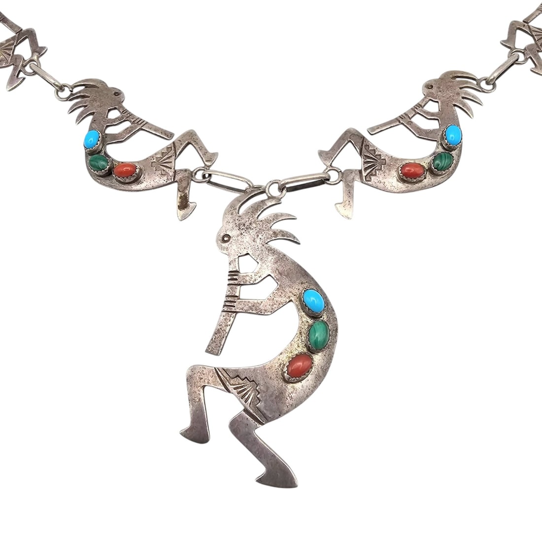 Navajo Sterling Kokopelli Necklace with Turquoise and Coral (1 of 6)