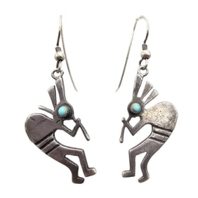 Sterling Kokopelli Dancer Earrings with Turquoise Accents