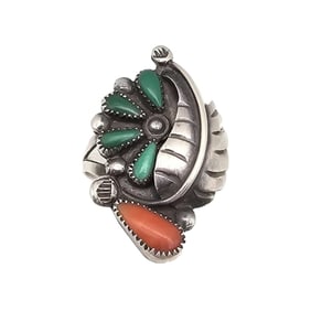 Navajo Sterling Ring with Turquoise and Coral, Size 8.75