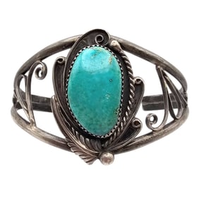 Southwestern Sterling Cuff Bracelet with Turquoise Centerpiece