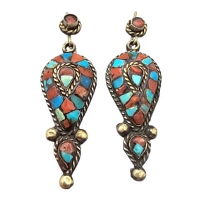 Vintage Tibetan Turquoise and Coral Earrings with Brass Backing