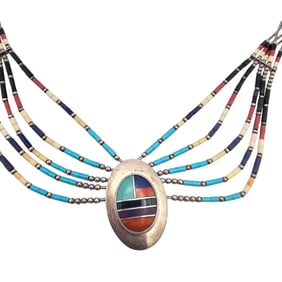 Navajo Multi-Stone Sterling Liquid Silver Multi-Strand Necklace