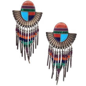 Navajo Multi-Stone Sterling Fringe Earrings