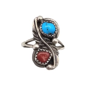 Sterling Navajo Coral and Turquoise Ring by Jason Livingston, Size 6.5
