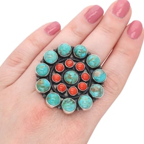 Devin Brown Navajo Handmade Sterling Turquoise Coral Ring