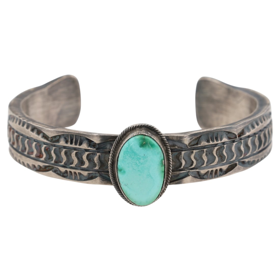 Tillie Jon Navajo Sterling Royston Bracelet: A sterling cuff bracelet with a light blue/green Royston turquoise stone, marked "T. JON" and "STERLING", identified as Tillie Jon Navajo handmade sterling silver, weighing 80g and fitting a 7" wrist.