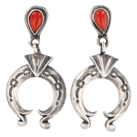 Annette Chiquit Navajo Sterling Red Coral Naja Earrings
