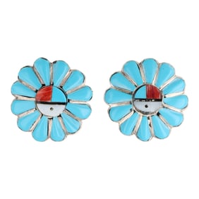Pauline Lonjose Zuni Handmade Sterling Inlay Sunface Earrings