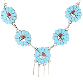 Pauline Lonjose Zuni Sterling Silver Sunface Inlay Necklace