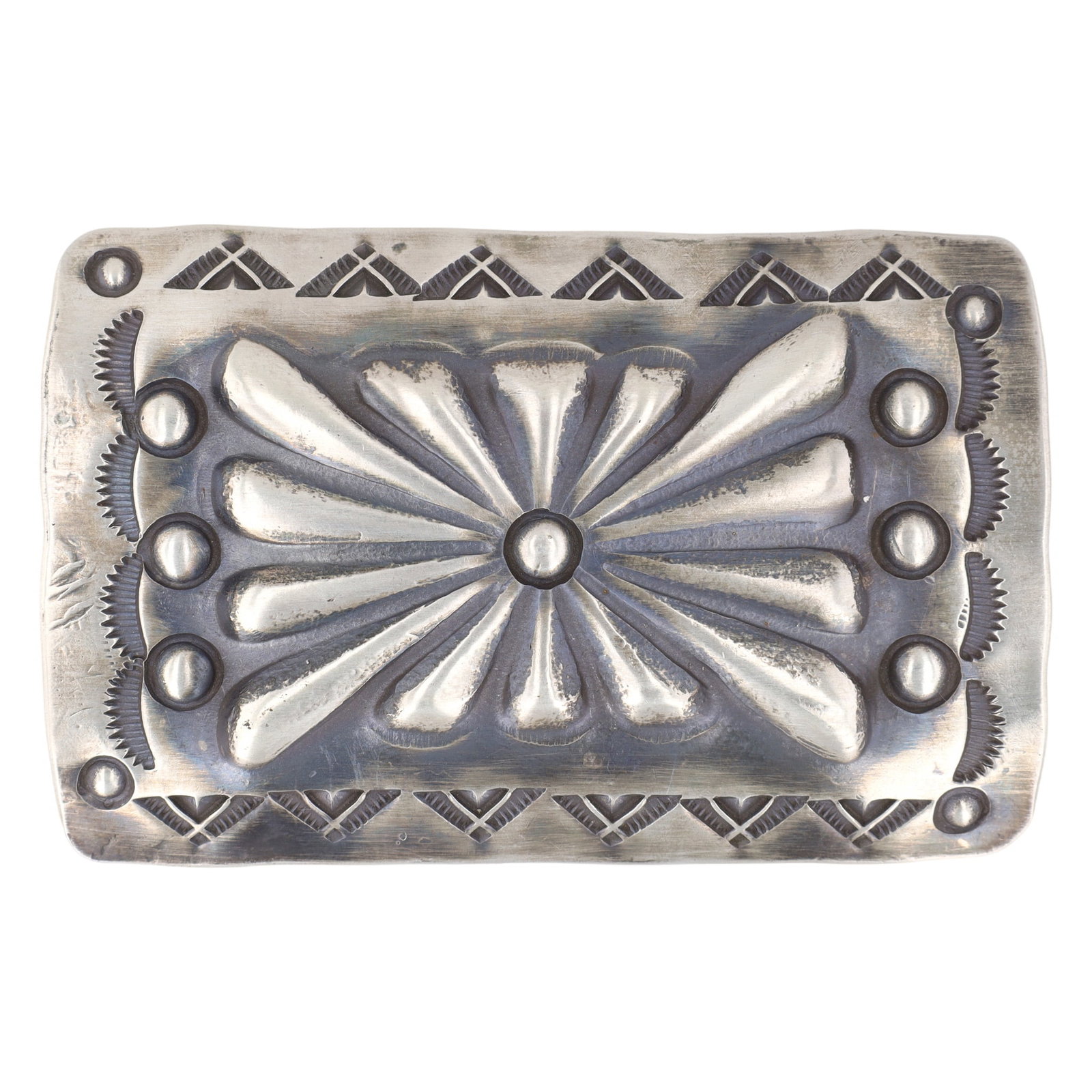 Emerson Bill Navajo Handmade Sterling Silver Belt Buckle: A single rectangular Emerson Bill Navajo handmade sterling silver belt buckle with an elaborate embossed design, measuring approximately 3.25 x 2.25 inches and weighing 64g.
