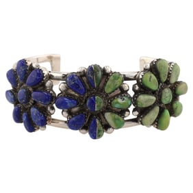 Marcella Allapowa Zuni Sterling Silver Lapis Lazuli Green Stone Cuff Bracelet