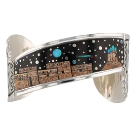 Calvin Begay Sterling Silver Night Sky Pueblo Inlay Cuff Bracelet