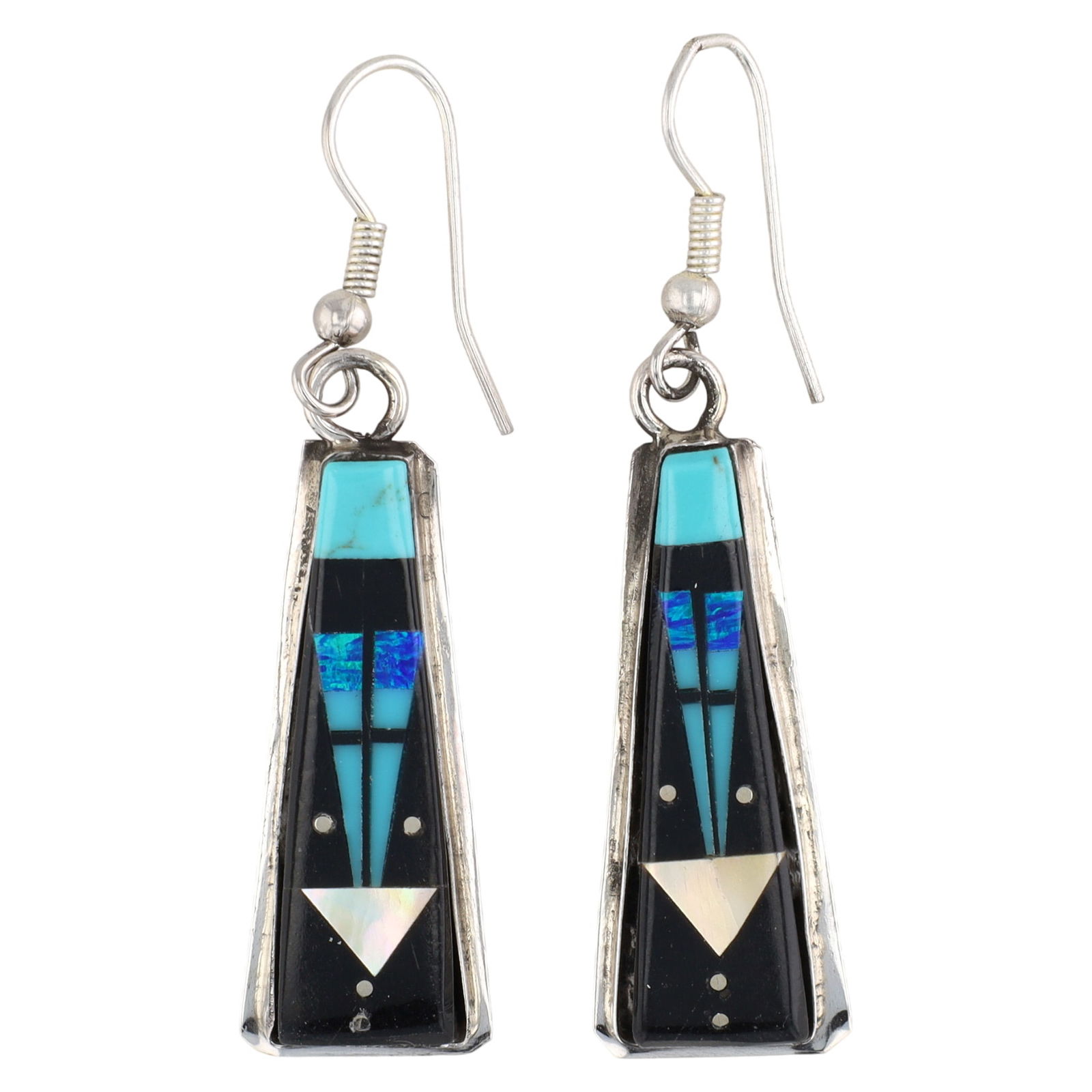 Gilbert Smith Navajo Inlay Sterling Earrings: A pair of silver dangle earrings, approximately 2 inches long, with jet, turquoise, opal, and mother-of-pearl inlay, marked "Sterling" and "S", weighing 5g.