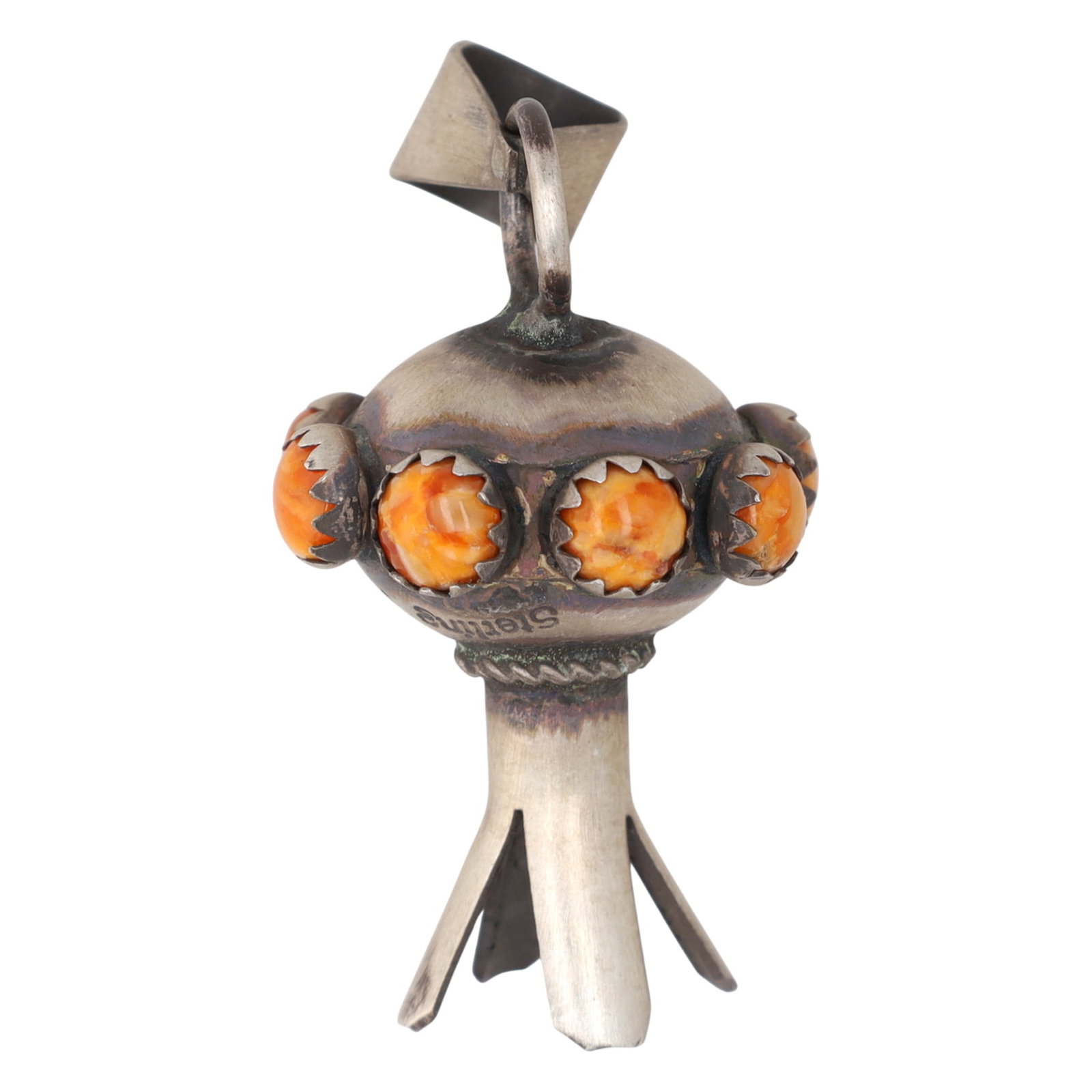 Monica Smith Navajo Sterling Spiny Oyster Squash Pendant: A single Navajo sterling squash blossom pendant, marked 'Sterling' and 'MS' (Monica Smith), featuring six orange spiny oyster, approximately 1.5 inches tall and weighing 4g.
