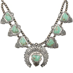 Eugene Charlie Navajo Sterling Nevada Turquoise Squash Necklace