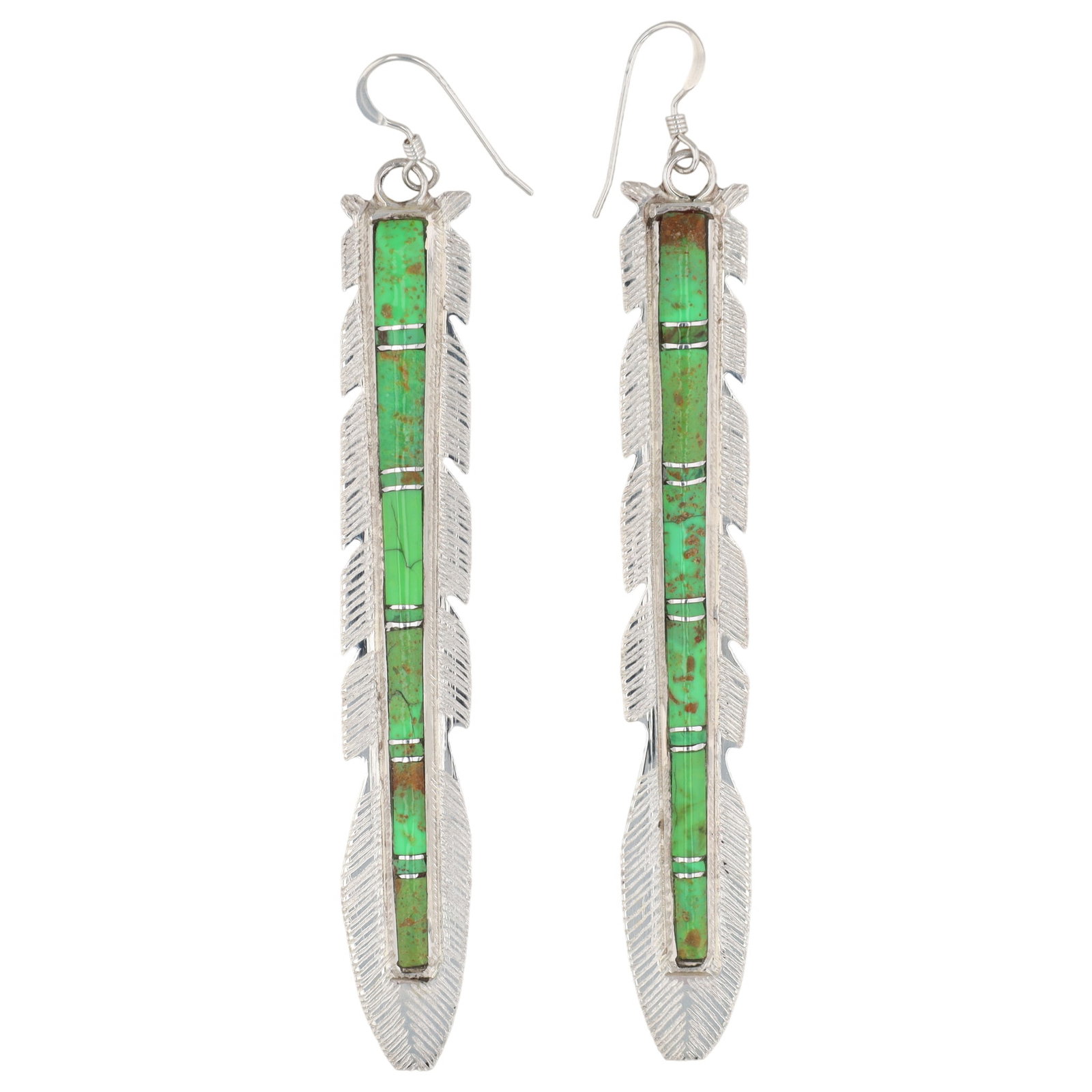 Zuni Terrence Panteah & Tammy Johnson Silver Feather Earrings: A pair of Zuni silver feather-shaped dangle earrings with green inlay, inscribed "T. Panteah" and "Zuni" on the back, measuring approximately 3.25 inches long, weighing 13.5g.