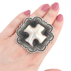 Leander Tahe Navajo Sterling Adjustable Concho Cross Ring