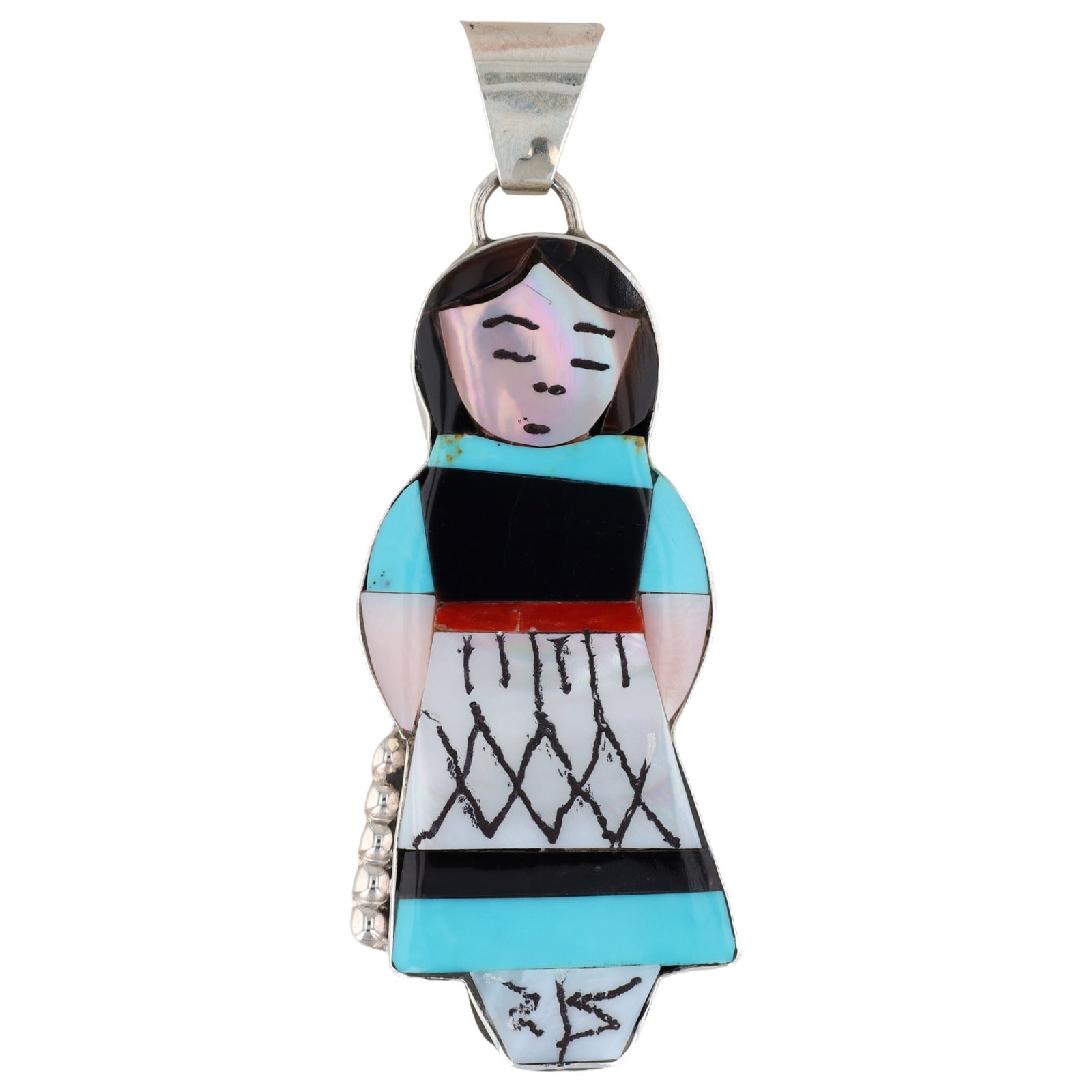 Joyce Waseta Zuni Sterling Inlay Maiden Pendant: A Zuni handmade sterling silver inlay corn maiden pendant by Joyce Waseta, featuring coral, turquoise, onyx, mother-of-pearl, inscribed 'Joyce Waseta Zuni' on the reverse, measuring approximately 1.75