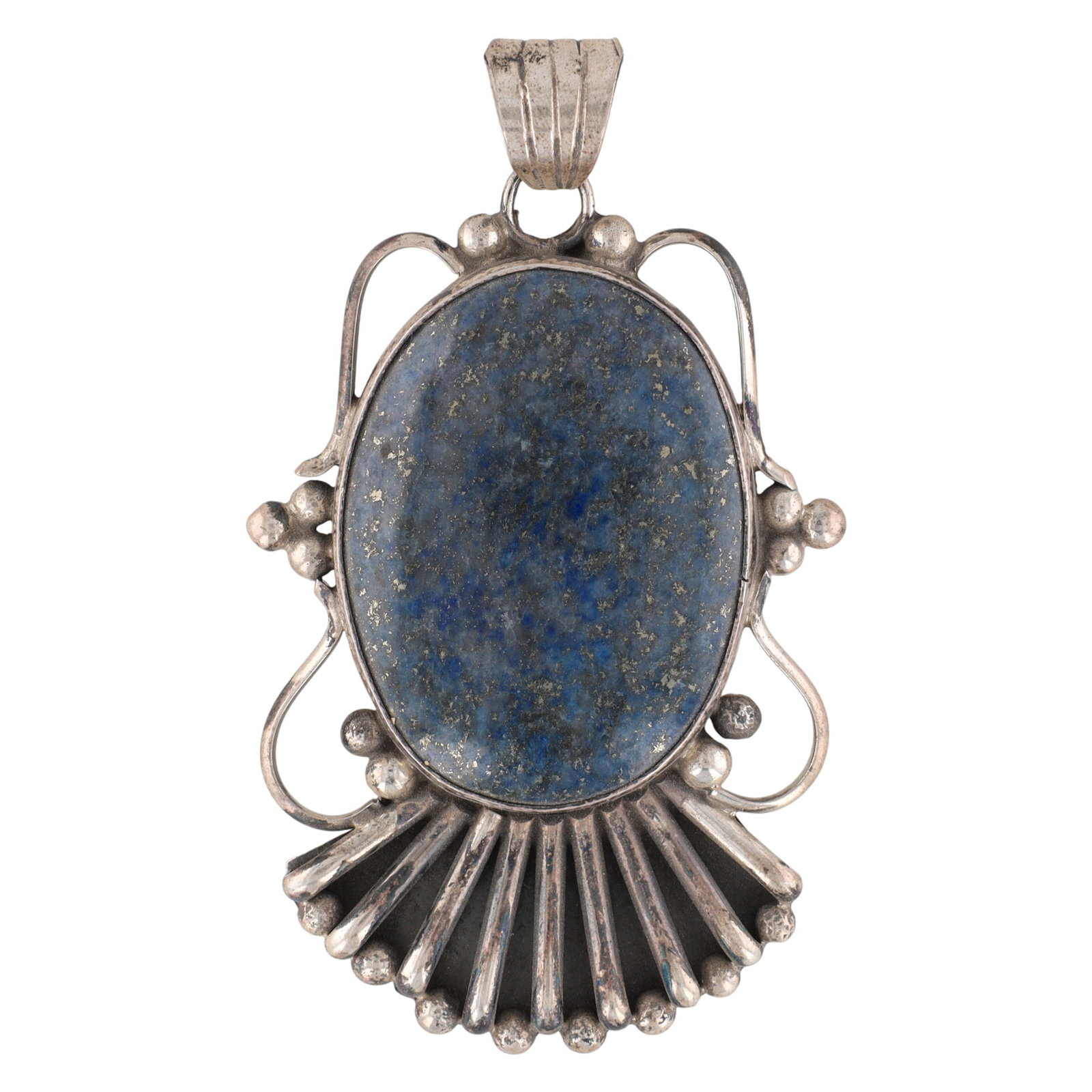 Alice Johnson Navajo Sterling Lapis Pendant: A handmade Navajo sterling silver lapis pendant, inscribed 'STERLING A. JOHNSON' on the back, weighing 29g and measuring approximately 2.75 inches long.