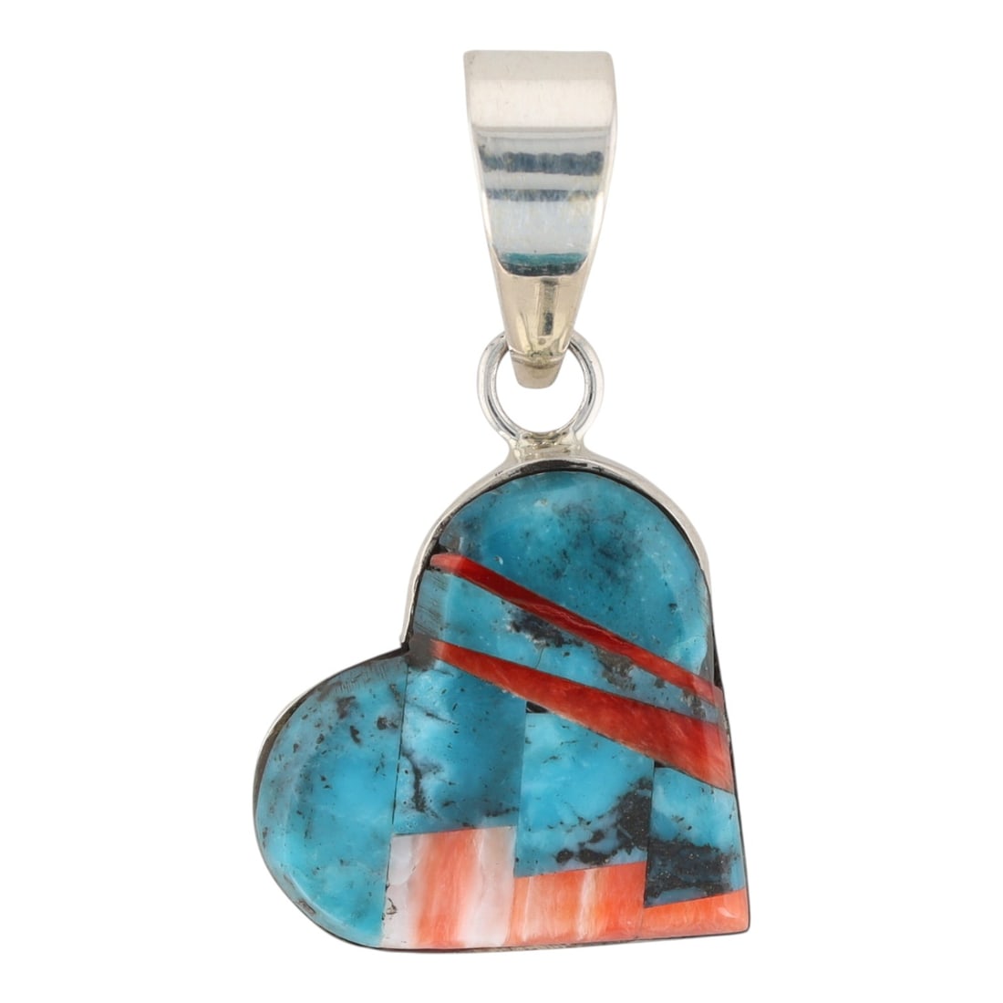 Native American Sterling Inlay Heart Pendant: A sterling heart-shaped pendant inlaid with turquoise, red coral, and white/orange spiny oyster stones, marked "WC", and ".925" on its back, measuring approximately 1.5 inches (3.8 cm) tall and weighi