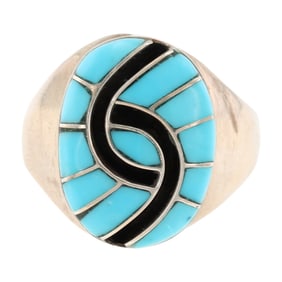 Amy Locaspino Zuni Sterling Silver Kingman Turquoise Inlay Ring