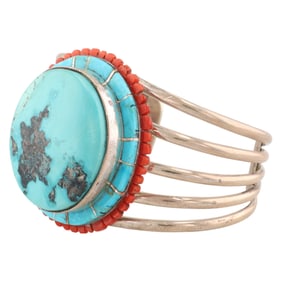 Merle House Navajo Kingman Coral Sterling Inlay Cuff Bracelet