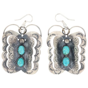 Tim Yazzie Navajo Sterling Silver Kingman Turquoise Butterfly Earrings