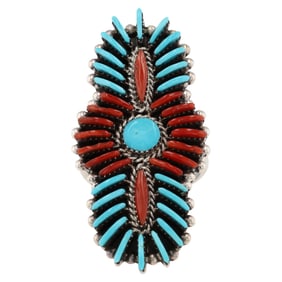 Edmund Cooeyate Zuni Needlepoint Turquoise Coral Silver Ring
