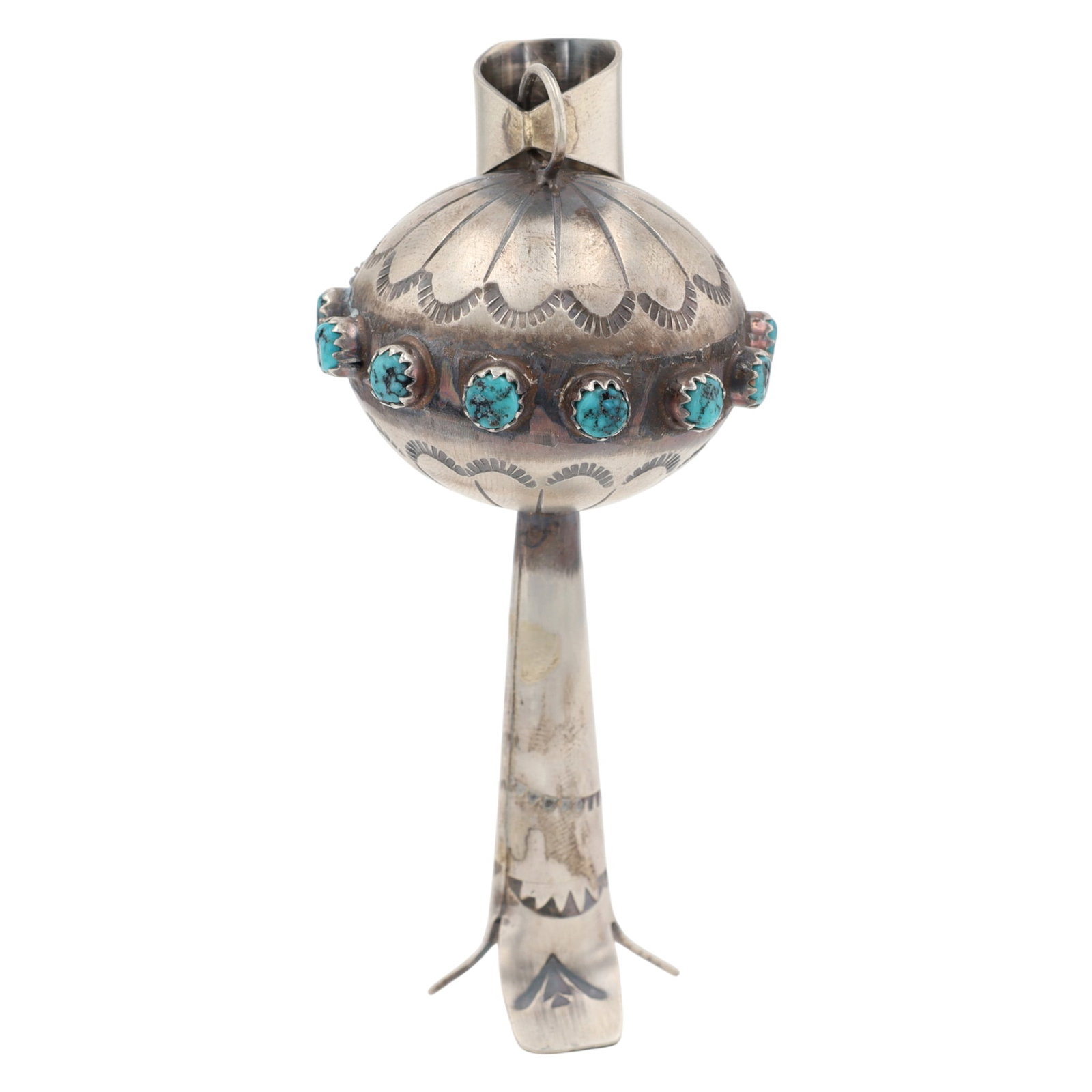 Tim Yazzie Navajo Sterling Turquoise Squash Blossom Pendant: A sterling silver Navajo squash blossom pendant by Tim Yazzie, adorned with turquoise stones and inscribed "T. Yazzie sterling", measuring approximately 2.5 inches long, weighing 29.5g