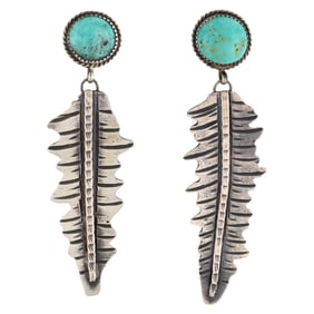 Sean Cayatineto Navajo Sterling Turquoise Feather Earrings