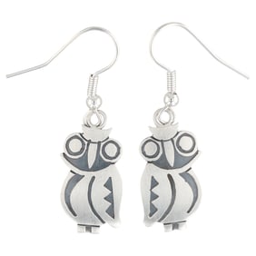 Robert Gene Navajo Sterling Owl Dangle Earrings