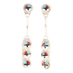 Emerson Vallo Zuni Sterling Silver Multi-Stone Sunface Dangle Earrings