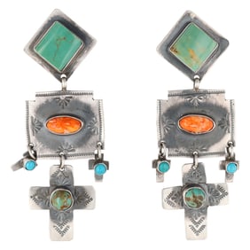 Rita Lee Navajo Sterling Spiny Turquoise Cross Earrings