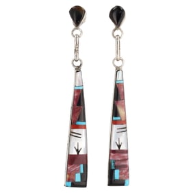 A Pair of Jason Bobelu Zuni Sterling Silver Multi-Stone Inlay Earrings