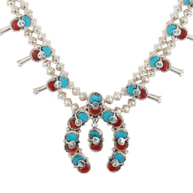 Effie Calavaza Zuni Sterling Snake Squash Blossom Necklace